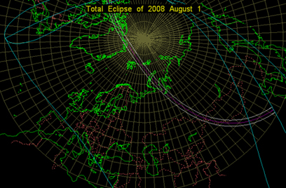 Eclissi Totale del 1 agosto 2008. Grafico del percorso della totalità (centro linea color porpora) e dei vari limiti di visibilità. Il limite sud (in blu) interseca l'Italia